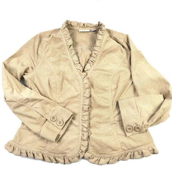 Chico’s Beige Corduroy Blazer Ruffle Trim Boho Button Jacket Long Sleeve 1 M - Picture 1 of 10